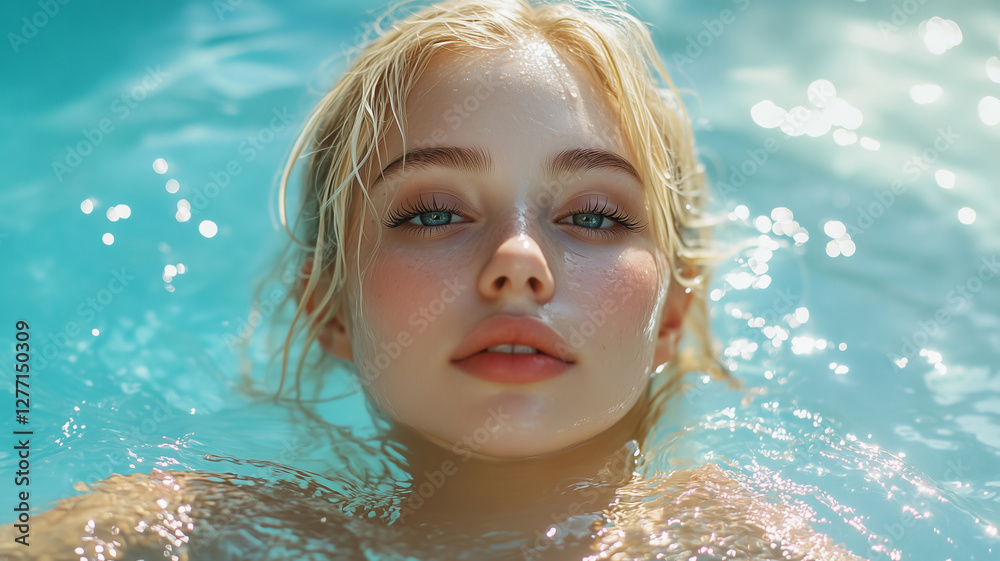 Blond woman relaxes in serene spa pool surrounded by lush greenery