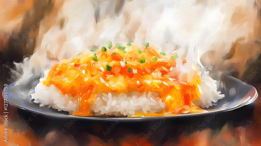Impressionist Oil Painting of Steaming Omurice Meal with Fluffy Eggs and Vibrant Warm Tones