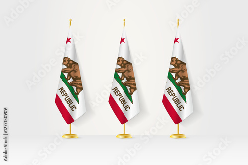 Three California flags in a row on a golden stand, illustration of press conference and other meetings.
