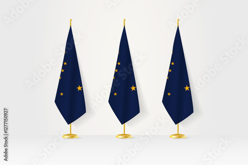 Three Alaska flags in a row on a golden stand, illustration of press conference and other meetings.
