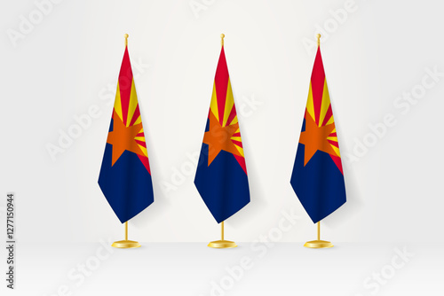 Three Arizona flags in a row on a golden stand, illustration of press conference and other meetings.