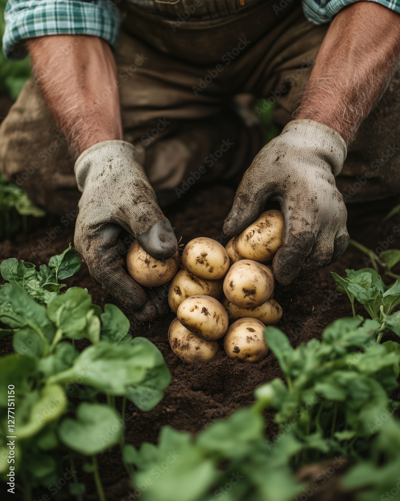 Hands gently planting potatoes in rich soil surrounded by greenery Hands gently planting potatoes in rich soil surrounded by greenery