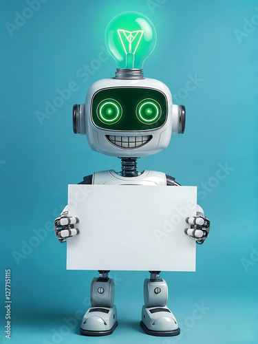 Robot tenant une pancarte blanche vide, isolé espace vide pour du texte, concept transition écologique, concept idée d'économie d'énergie dans la maison