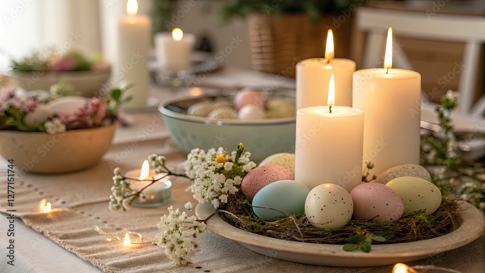 Naklejka premium Elegant Easter candles burning softly on a festive table, surrounded by pastel-colored eggs and fresh spring flowers, warm ambient lighting, cozy and serene atmosphere, shallow depth of field