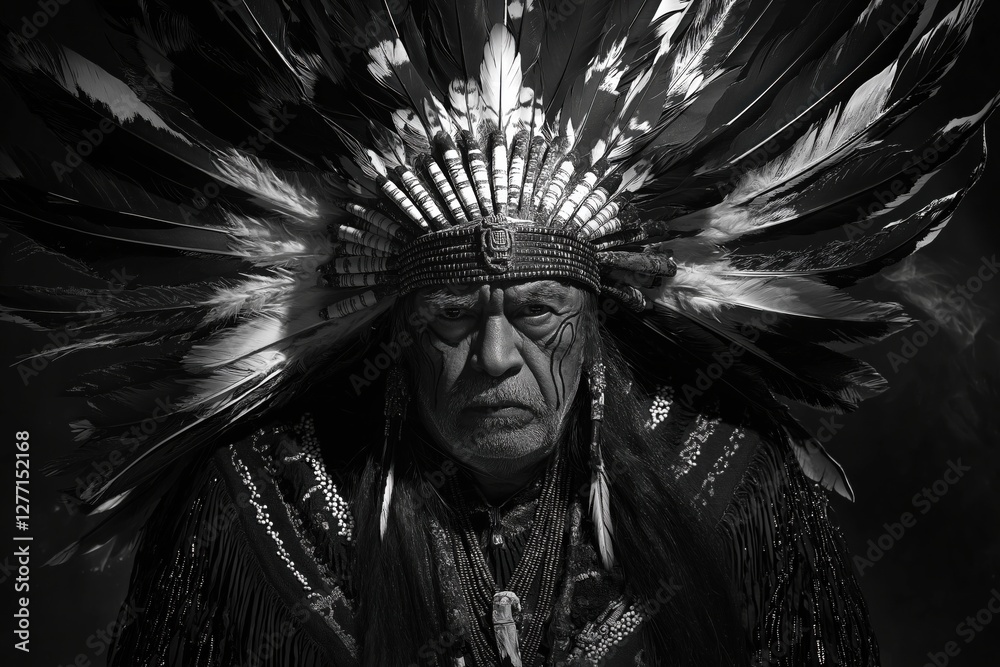 Obraz premium Portrait of a Yaqui warrior showcasing cultural heritage in black-and-white lighting