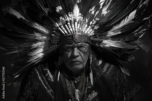 Portrait of a Yaqui warrior showcasing cultural heritage in black-and-white lighting