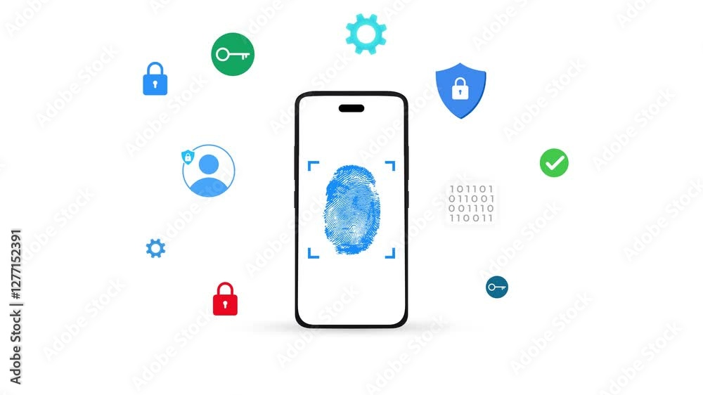 Thumb biometric verification on the smartphone with white screen and green for keying, 4k animation. Biometric, secure, mobile, scanning, lock, user verification concept.