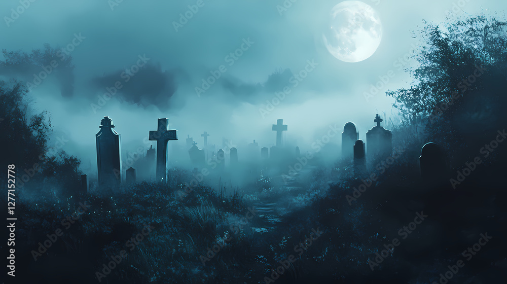 Foggy graveyard filled with ghostly apparitions under a full moon. Haunting Foggy Cemetery. Illustration Foggy graveyard filled with ghostly apparitions under a full moon. Haunting Foggy Cemetery. Illustration