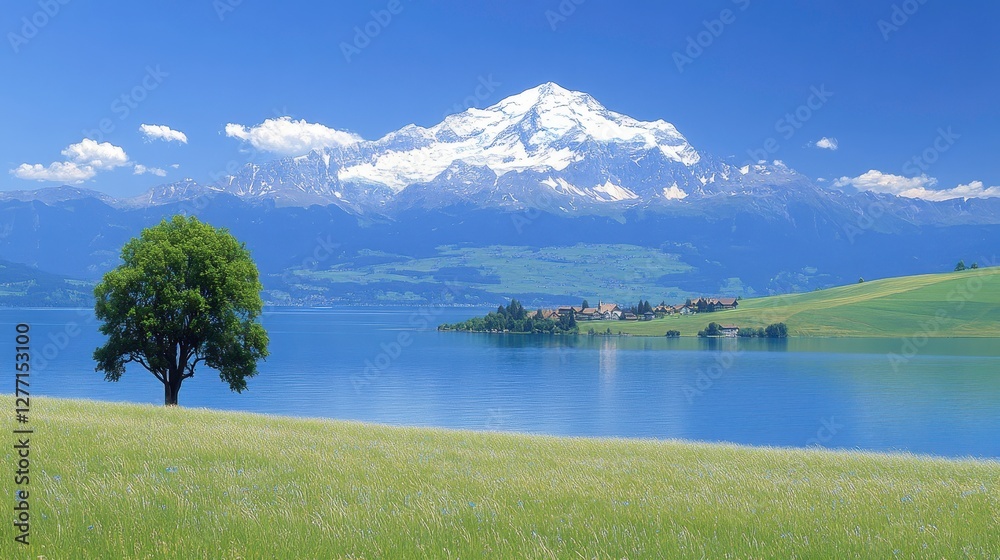 Majestic snow-capped mountains overlooking serene lake breathtaking nature landscape clear blue sky view Majestic snow-capped mountains overlooking serene lake breathtaking nature landscape clear blue sky view