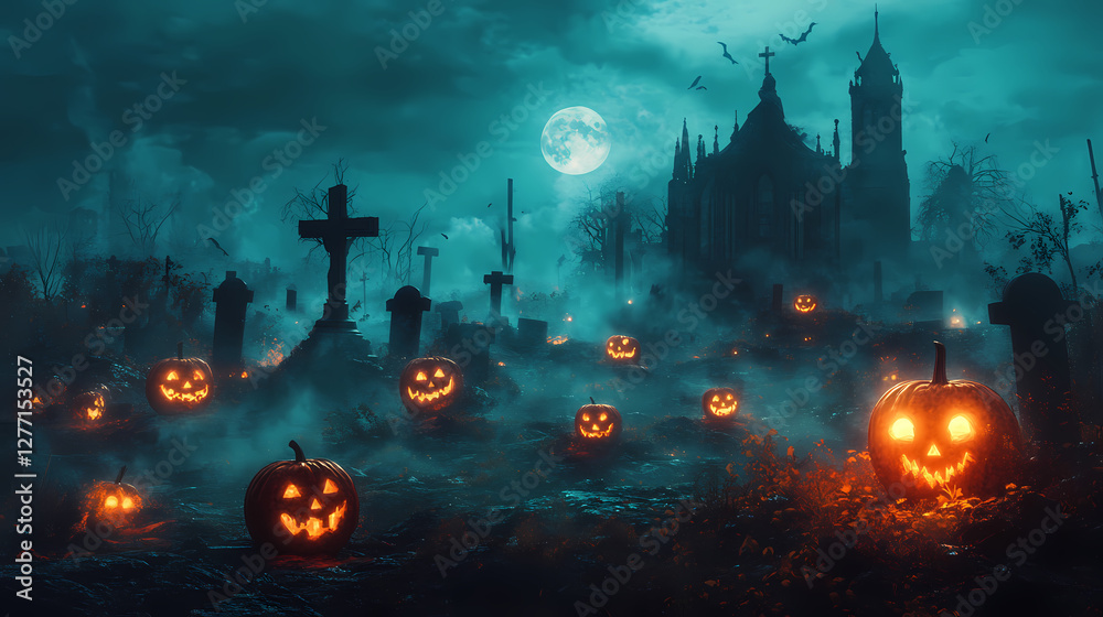 Misty halloween cemetery with glowing pumpkins under moonlight. Haunting Foggy Cemetery. Illustration Misty halloween cemetery with glowing pumpkins under moonlight. Haunting Foggy Cemetery. Illustration