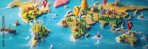 A world map with 3D location pins marking top travel destinations, bright colors