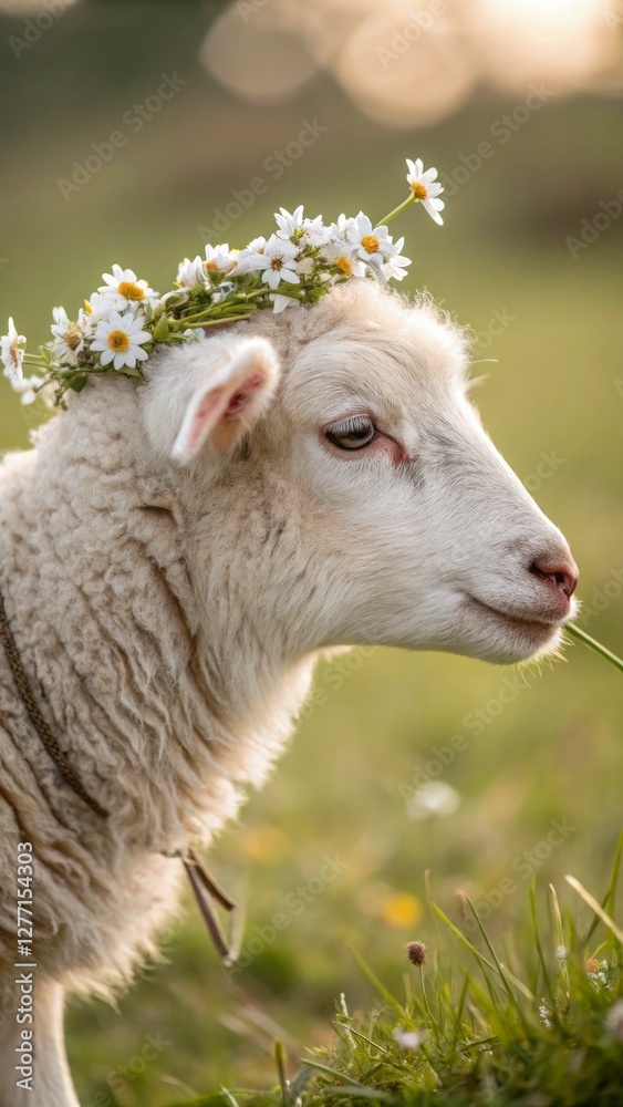 White fluffy lamb with delicate flowers on its head, soft-focus background of a green pasture, dreamy and warm lighting, gentle and peaceful mood, ultra-realistic textures, close-up portrait White fluffy lamb with delicate flowers on its head, soft-focus background of a green pasture, dreamy and warm lighting, gentle and peaceful mood, ultra-realistic textures, close-up portrait