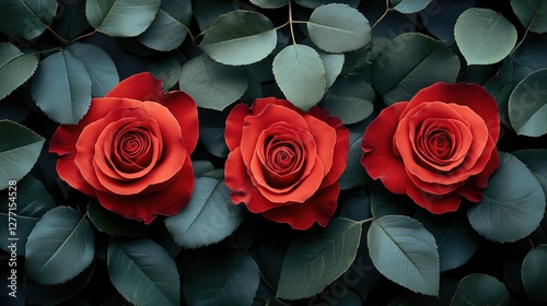 Three red roses on dark green leaves, elegant floral arrangement photo