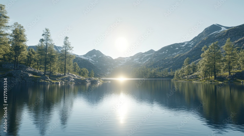 Fototapeta premium Sunrise reflections over serene lake mountain landscape nature photography calm environment wide view