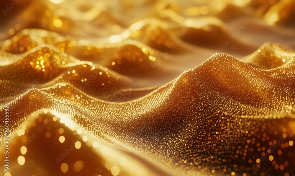 Abstract composition of shimmering golden particles scattered across a soft background, dynamic lighting creating a festive and luxurious feel