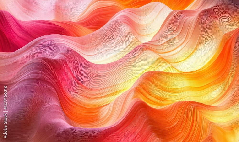 Fototapeta premium Abstract flowing waves of bright orange and pink hues blending smoothly, illuminated by soft light to create a vibrant and energetic visual effect,