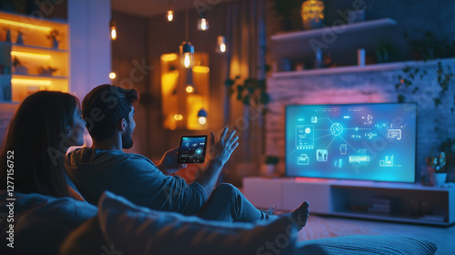 A couple relaxes on a couch, using a tablet to control their smart home system displayed on a large TV screen