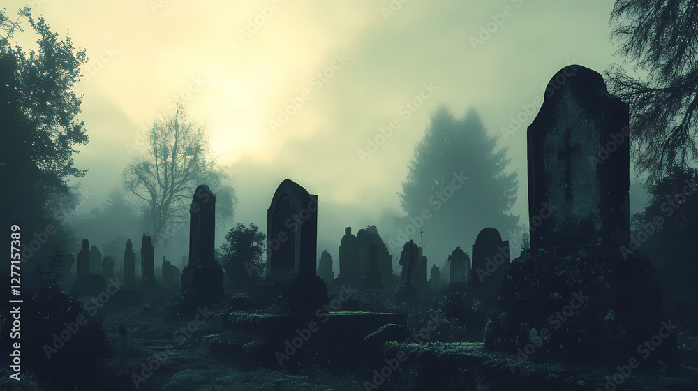 A haunting view of a graveyard shrouded in fog, with tombstones silhouetted against a misty sky. Haunting Foggy Cemetery. Illustration A haunting view of a graveyard shrouded in fog, with tombstones silhouetted against a misty sky. Haunting Foggy Cemetery. Illustration