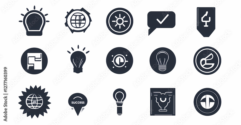Illuminating Ideas: An array of minimalist icons, radiating innovation and inspiration, including light bulbs, and sun, that embody various concepts and symbols for creativity.