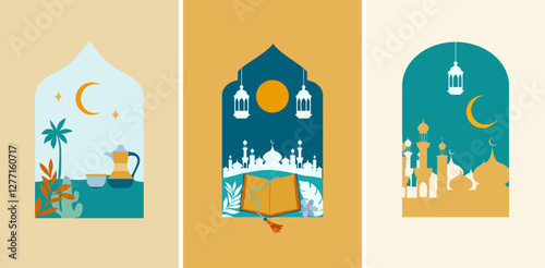 Islamic window with islamic view in boho style and modern design. Frame with arabic muslim landscape for Ramadan Kareem and Ied Mubarak.