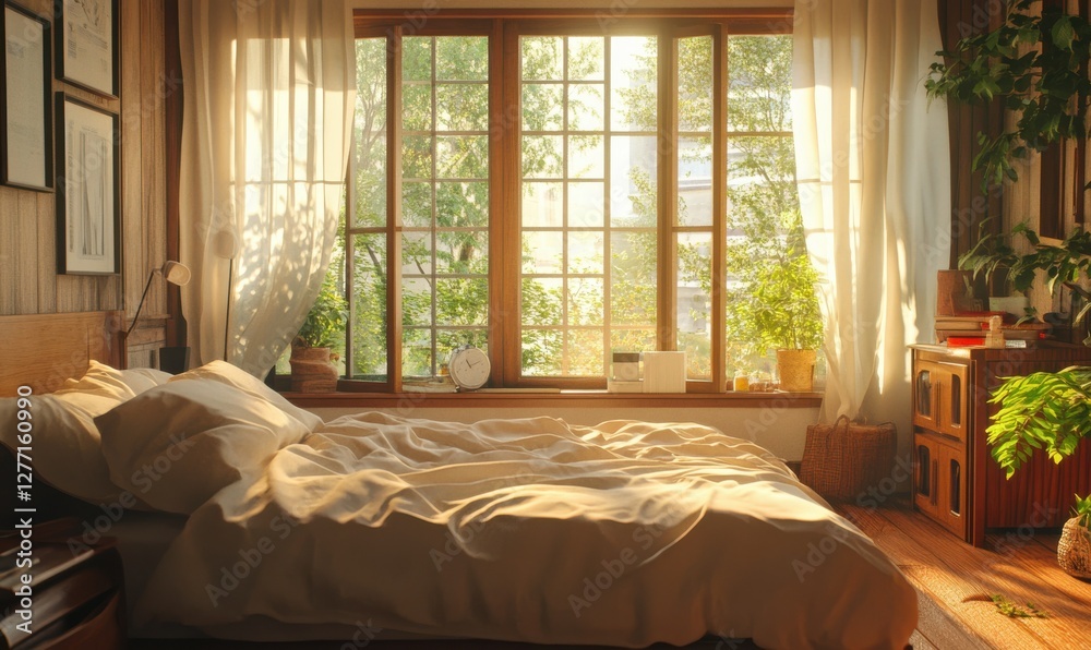 Fototapeta premium Cozy bedroom with soft beige bedding, wooden furniture, and large windows letting in bright morning sunlight.