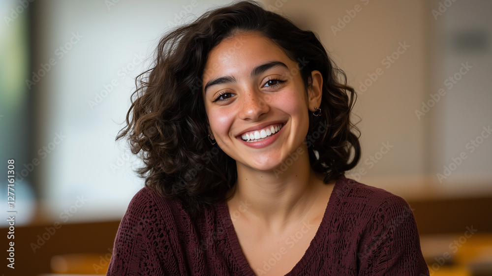 Young Latino Teacher Smiling in Classroom on World Teachers' Day
Young Latino Teacher Smiling in Classroom on World Teachers' Day