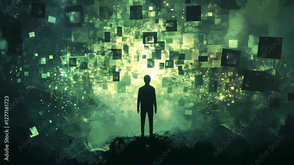 Contemplating the Digital Cosmos: A lone figure stands silhouetted against a mesmerizing backdrop of interconnected data streams and ethereal light. Contemplating the Digital Cosmos: A lone figure stands silhouetted against a mesmerizing backdrop of interconnected data streams and ethereal light.