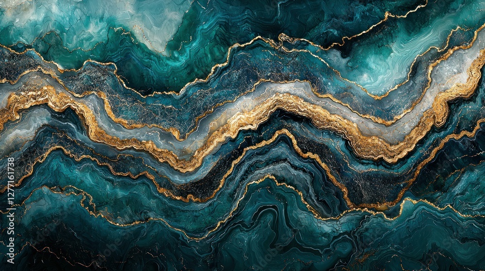 Fototapeta premium Abstract marbled design, teal, gold, and white textured background, for wallpaper or wall art