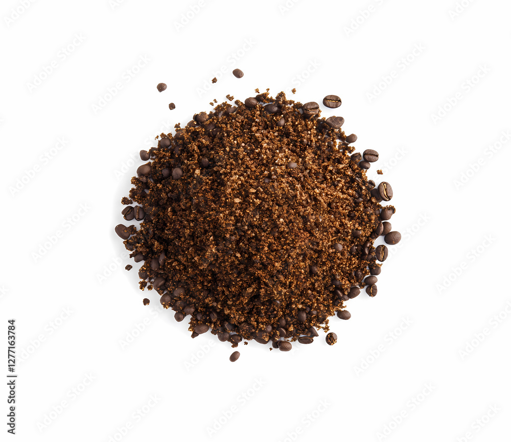 Coffee Grounds and Beans: An overhead shot captures a pile of freshly ground coffee, intermingled with whole roasted coffee beans, offering a sensory experience of rich aroma and robust flavor. Coffee Grounds and Beans: An overhead shot captures a pile of freshly ground coffee, intermingled with whole roasted coffee beans, offering a sensory experience of rich aroma and robust flavor.