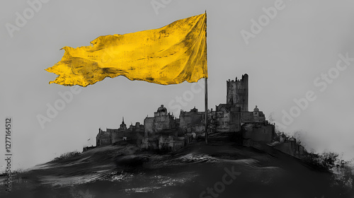 A yellow flag is waving in the wind on a gray background. Distorted Time-Warped Village. Illustration