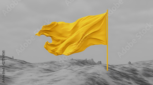A yellow flag is waving in the wind on a gray background. Distorted Time-Warped Village. Illustration