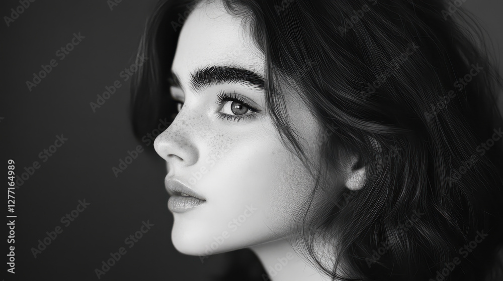 Fototapeta premium An artistic black-and-white close-up of a young woman's profile, her face partially illuminated by a soft, dramatic light