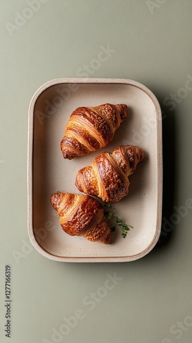 Golden croissants on beige plate with green herb on olive background