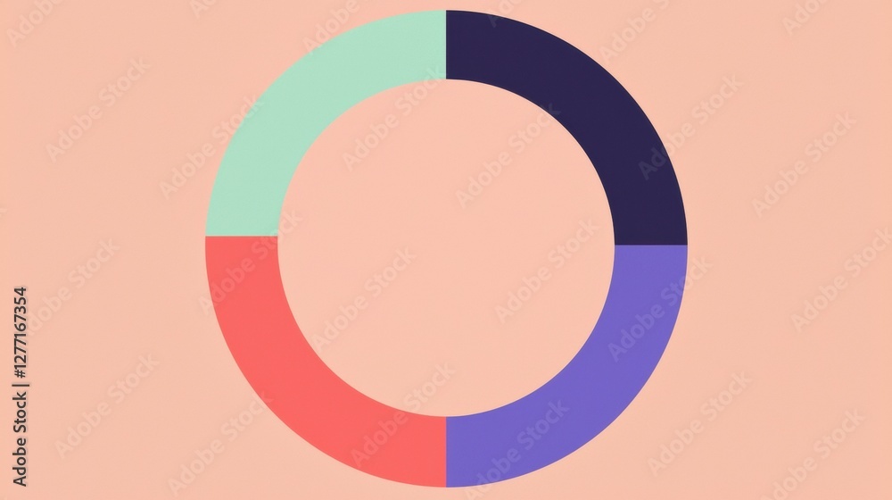 Circular pie chart with four sections. the largest section is in the center of the circle, with the other three sections on either side. the colors of the sections are red, blue, green, and purple. Circular pie chart with four sections. the largest section is in the center of the circle, with the other three sections on either side. the colors of the sections are red, blue, green, and purple.