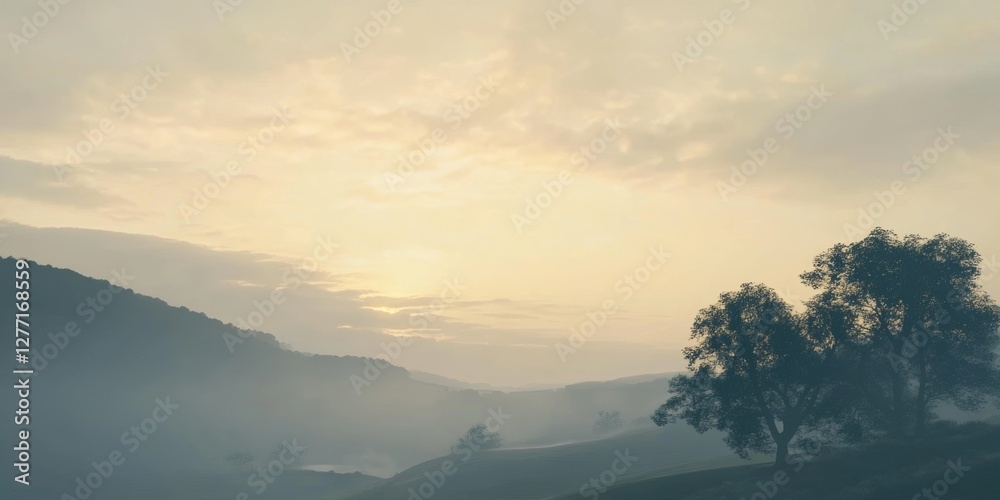 Obraz premium Serene landscape with misty hills and soft sunrise glow over distant trees