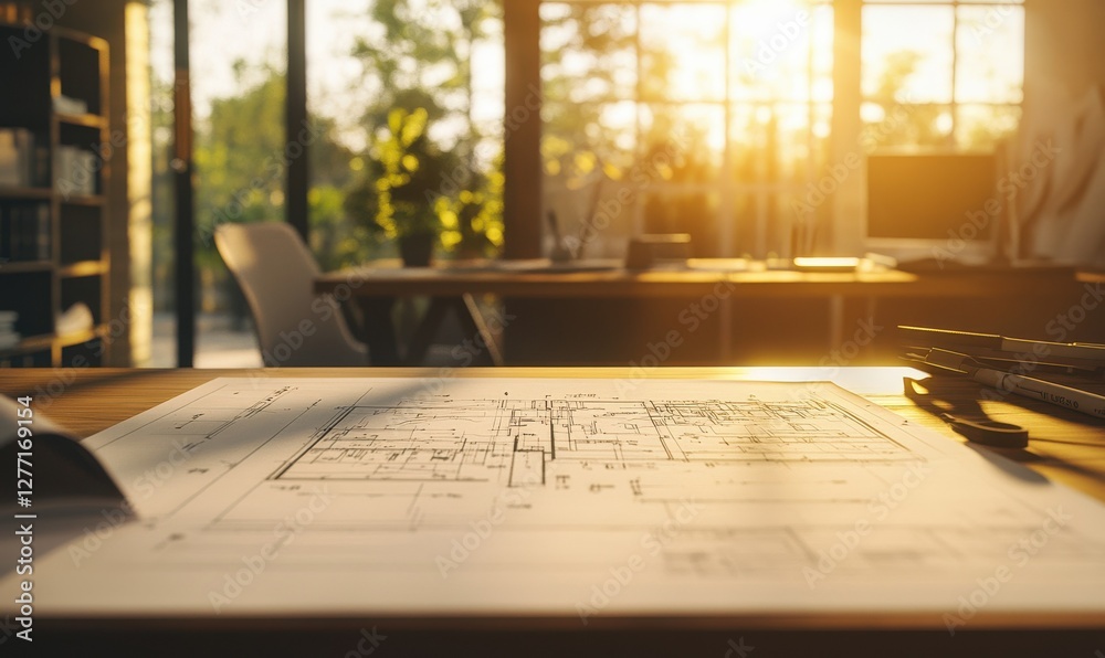 Elegant construction blueprint spread across a modern industrial desk under warm golden light. Clean lines and sharp details emphasize precision, Elegant construction blueprint spread across a modern industrial desk under warm golden light. Clean lines and sharp details emphasize precision,