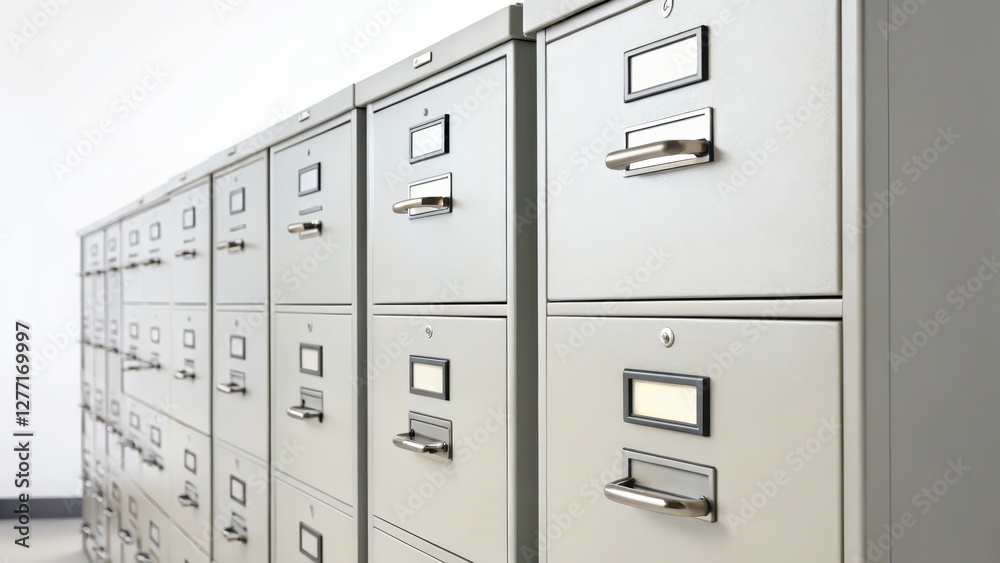 Metal Filing Cabinets Row, White Background Metal Filing Cabinets Row, White Background