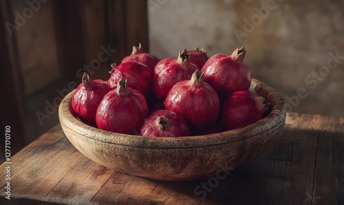 Fresh pomegranates in a rustic bowl on a wooden surface, vibrant red tones with rich textures and warm natural lighting creating an appetizing and healthy visual,