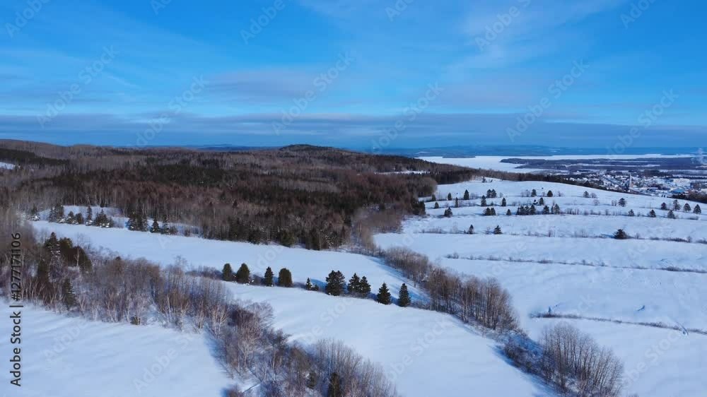 Panoramic aerial view of a snow-covered agricultural area with in the background the small village of Sayabec in Quebec, its factory spewing a plume of steam and Lake Matapedia. Panoramic aerial view of a snow-covered agricultural area with in the background the small village of Sayabec in Quebec, its factory spewing a plume of steam and Lake Matapedia.