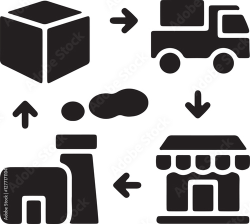 Illustration of a business flow starting from production, goods being shipped by truck, and then sold at an outlet