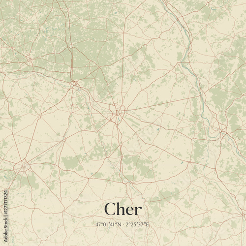 Vintage map of Cher, France.