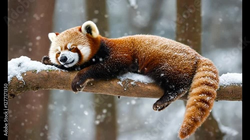 Red Panda Snowing Forest Branch Sleeping Winter