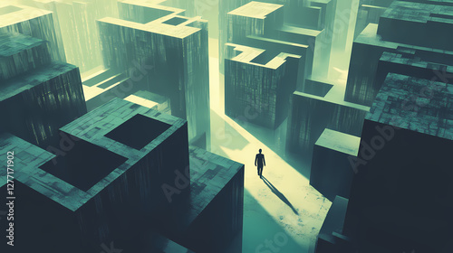 Solitary figure navigating labyrinthine cityscape with stark geometric forms and monumental scale. Dreamlike Labyrinth Passage. Illustration