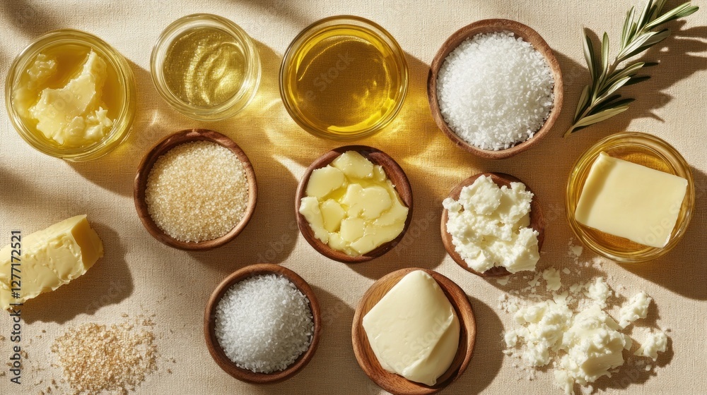 A variety of cooking ingredients including oils, butters, and sugars arranged on a surface. A variety of cooking ingredients including oils, butters, and sugars arranged on a surface.
