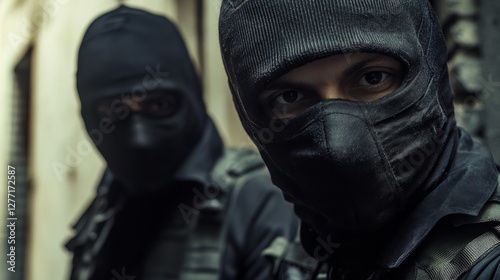 Two men wearing black face masks and black clothing. One of them is looking at the camera. Scene is serious and intense