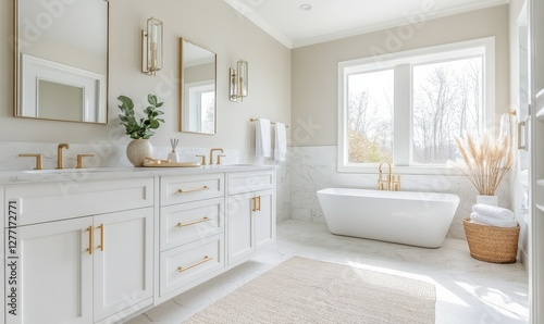 Elegant white marble bathroom with gold fixtures, sleek cabinetry, and soft natural light creating a luxurious spa-like ambiance