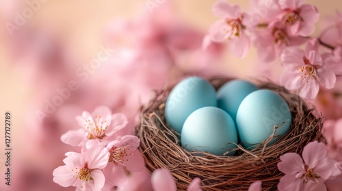 Beautiful blue eggs nestled in a natural nest surrounded by delicate pink blossoms during springtime
