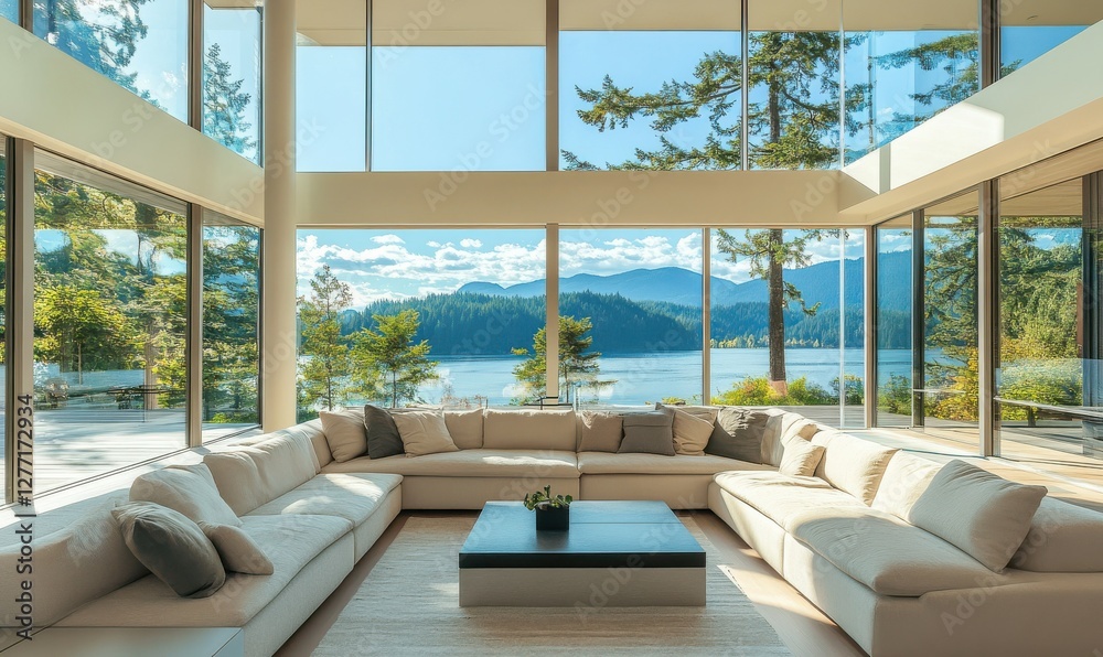 Minimalist living room with soft neutral tones, cozy throw pillows, and large floor-to-ceiling windows offering a scenic outdoor vie Minimalist living room with soft neutral tones, cozy throw pillows, and large floor-to-ceiling windows offering a scenic outdoor vie