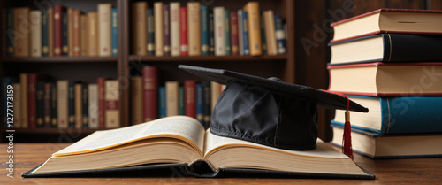 Graduation Cap on Open Book with Library Background Symbolizing Academic Achievement photo