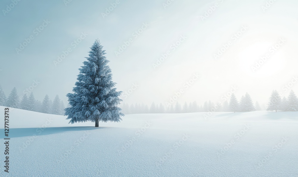 Fototapeta premium Expansive winter scene with a single snow-covered evergreen tree standing on a pristine snowy field, illuminated by pale sunlight for a serene composition,